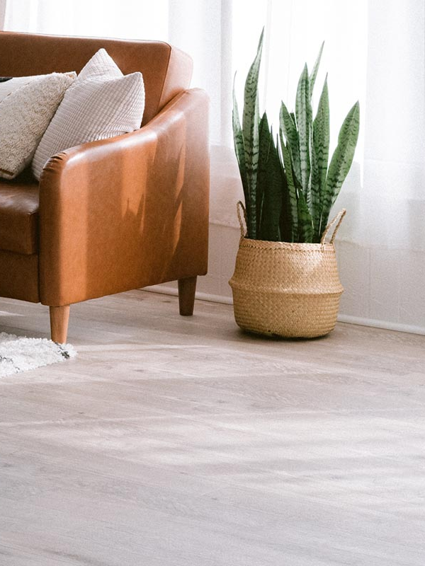 Beautiful vinyl flooring with fern basket and leather chair